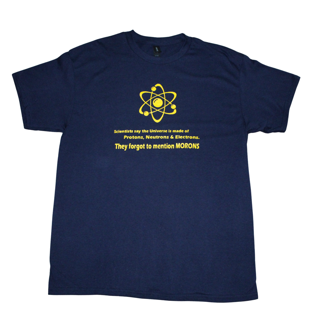 They Forgot to Mention Morons science funny t-shirt on black tee, front view, crew neck
