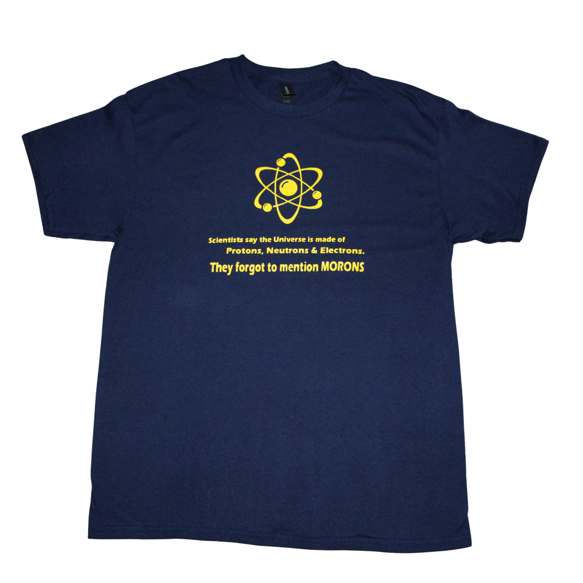 They Forgot to Mention Morons science funny t-shirt on black tee, front view, crew neck