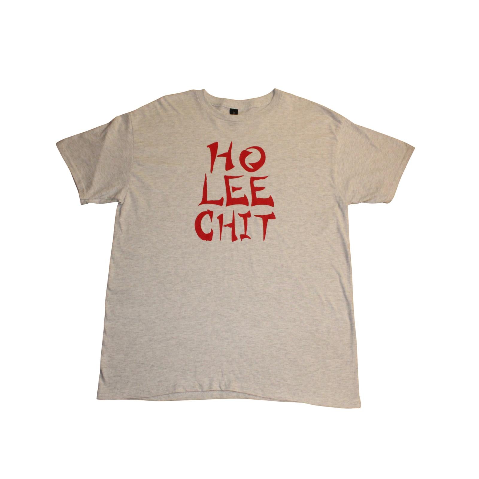 Beige t-shirt with red text 'HO LEE CHIT' on a white background, round neck shirt, front view, funny t-shirt