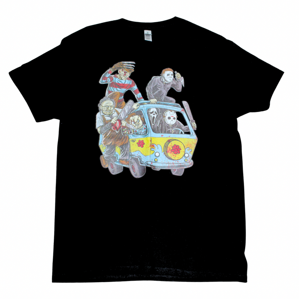 Black t-shirt with a colorful graphic of a van and horror movie characters on a white background