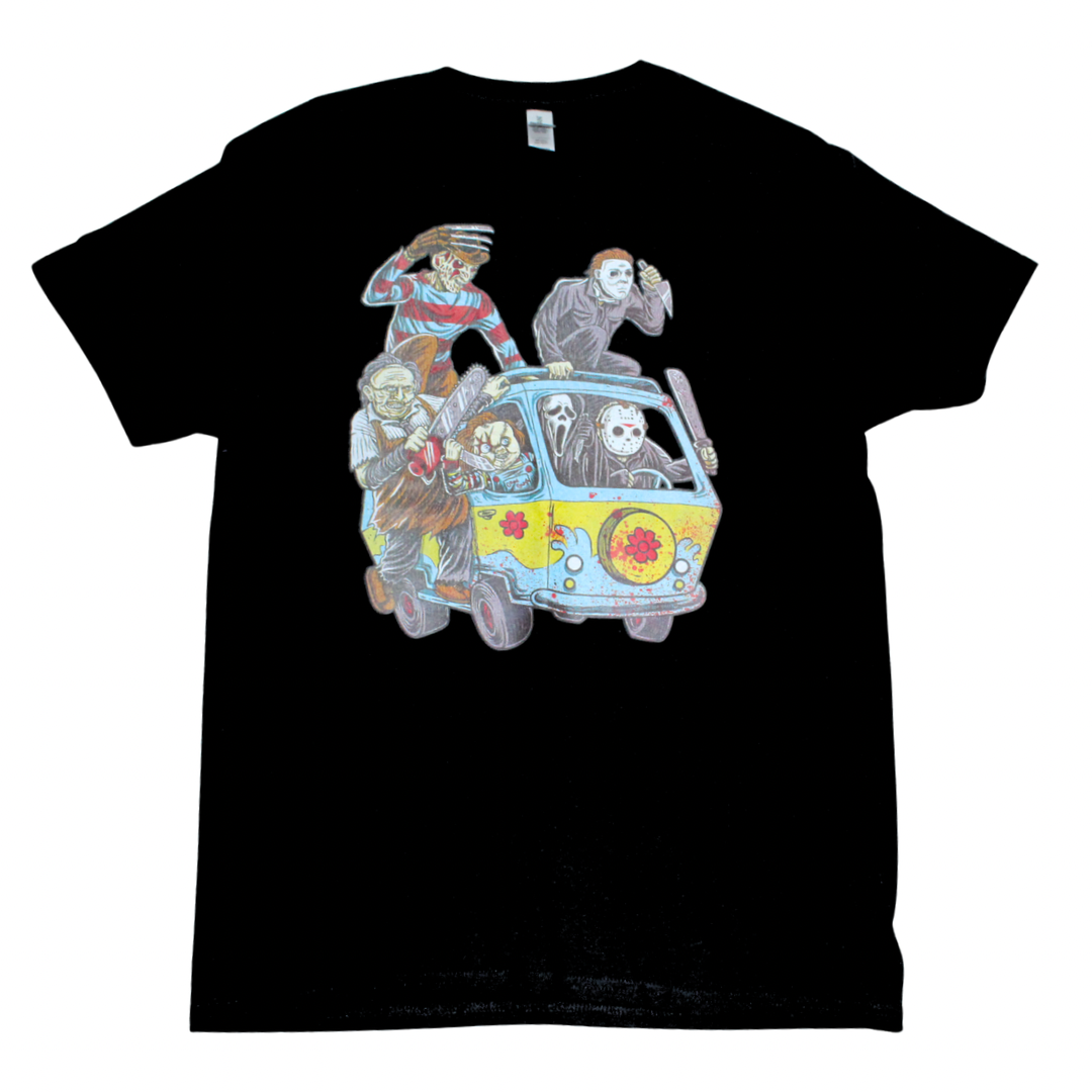 Black t-shirt with a colorful graphic of a van and horror movie characters on a white background