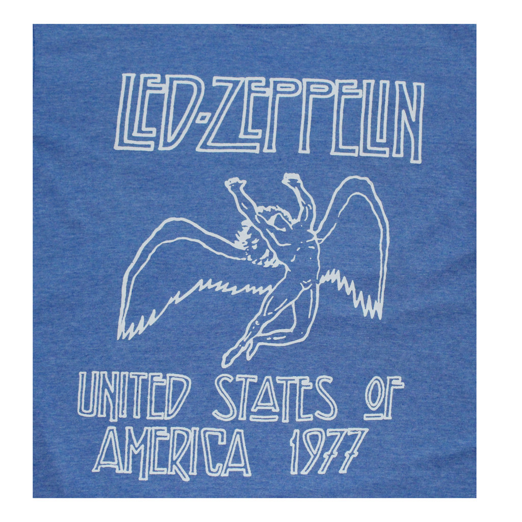 Blue t-shirt with white 'Led Zeppelin' and 'United States of America 1977' design