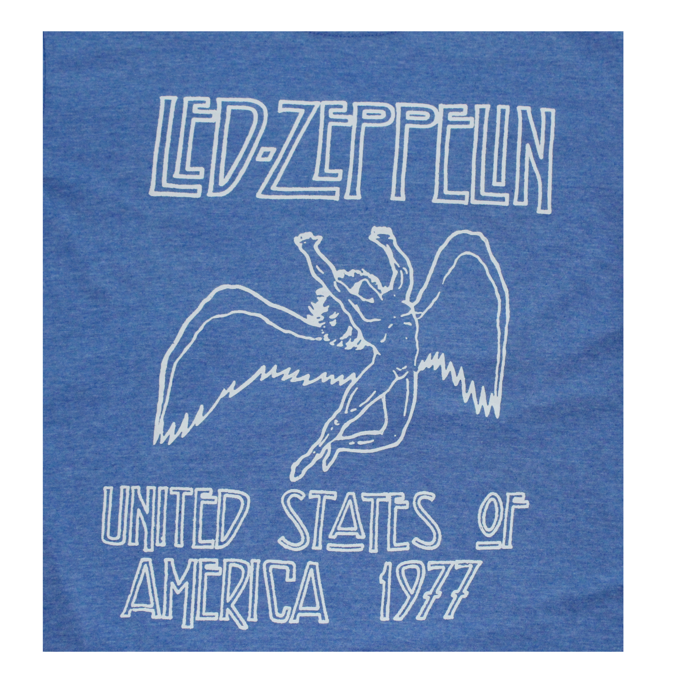 Blue t-shirt with white 'Led Zeppelin' and 'United States of America 1977' design