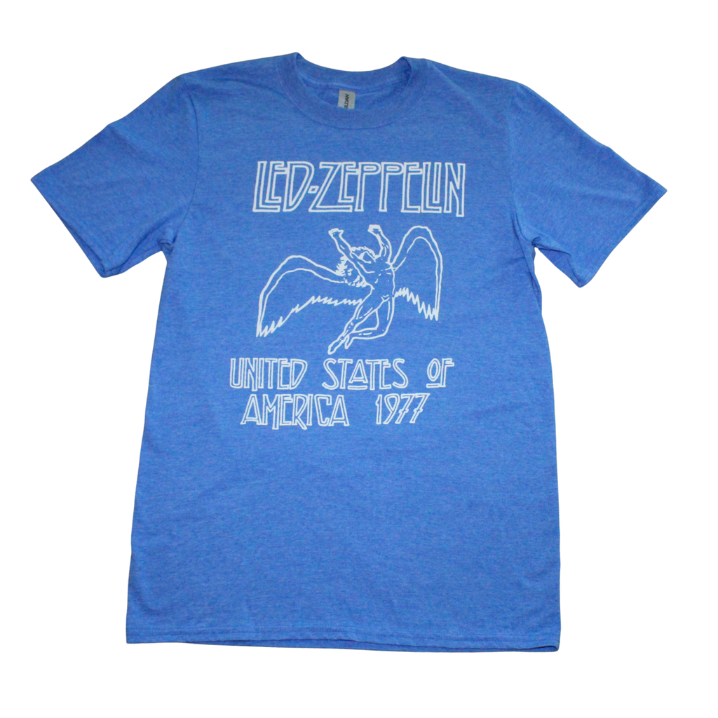 light blue t-shirt with Led Zeppelin graphic for men and women, round neck shirt, front iew