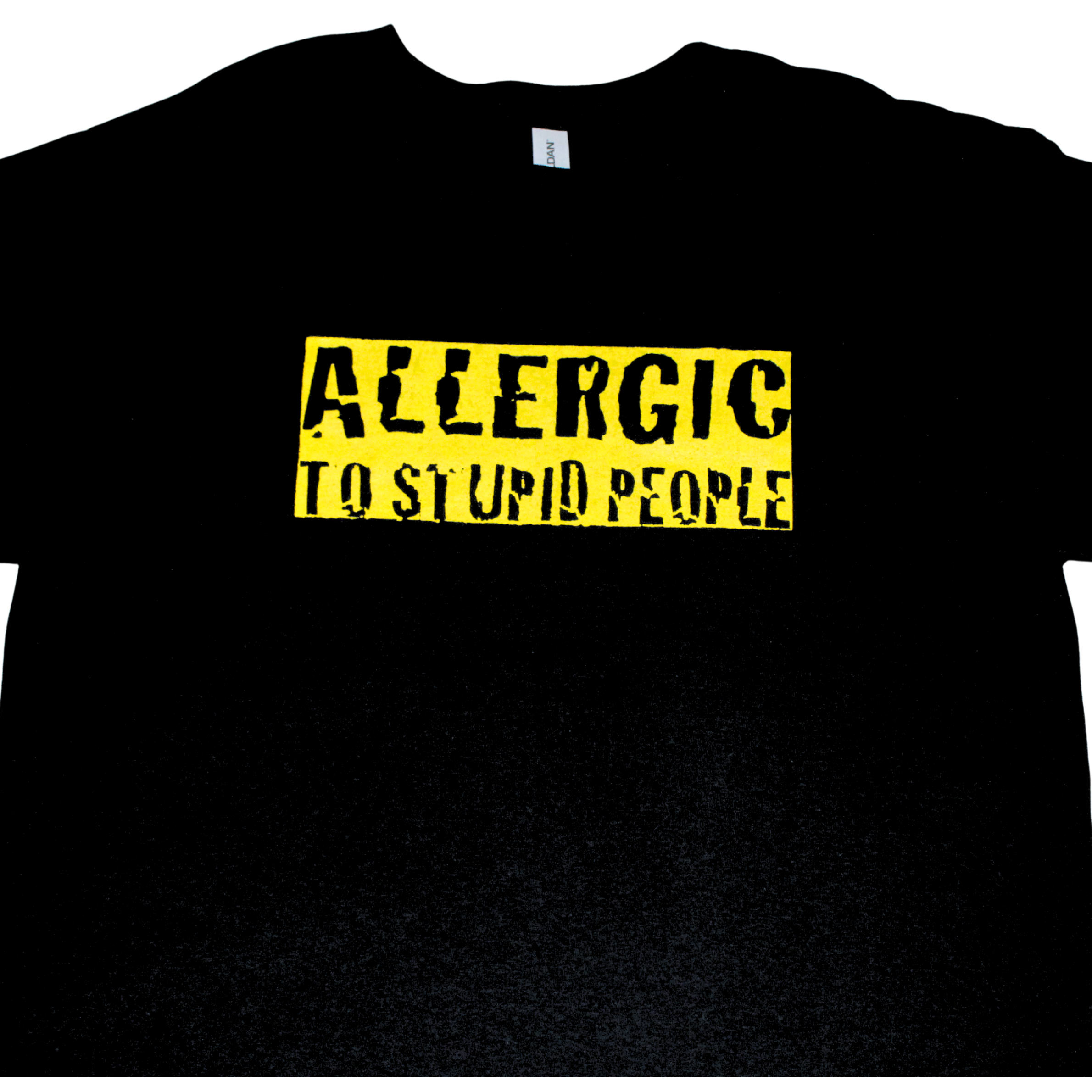 Black t-shirt with yellow text 'ALLERGIC TO STUPID PEOPLE' on a white background