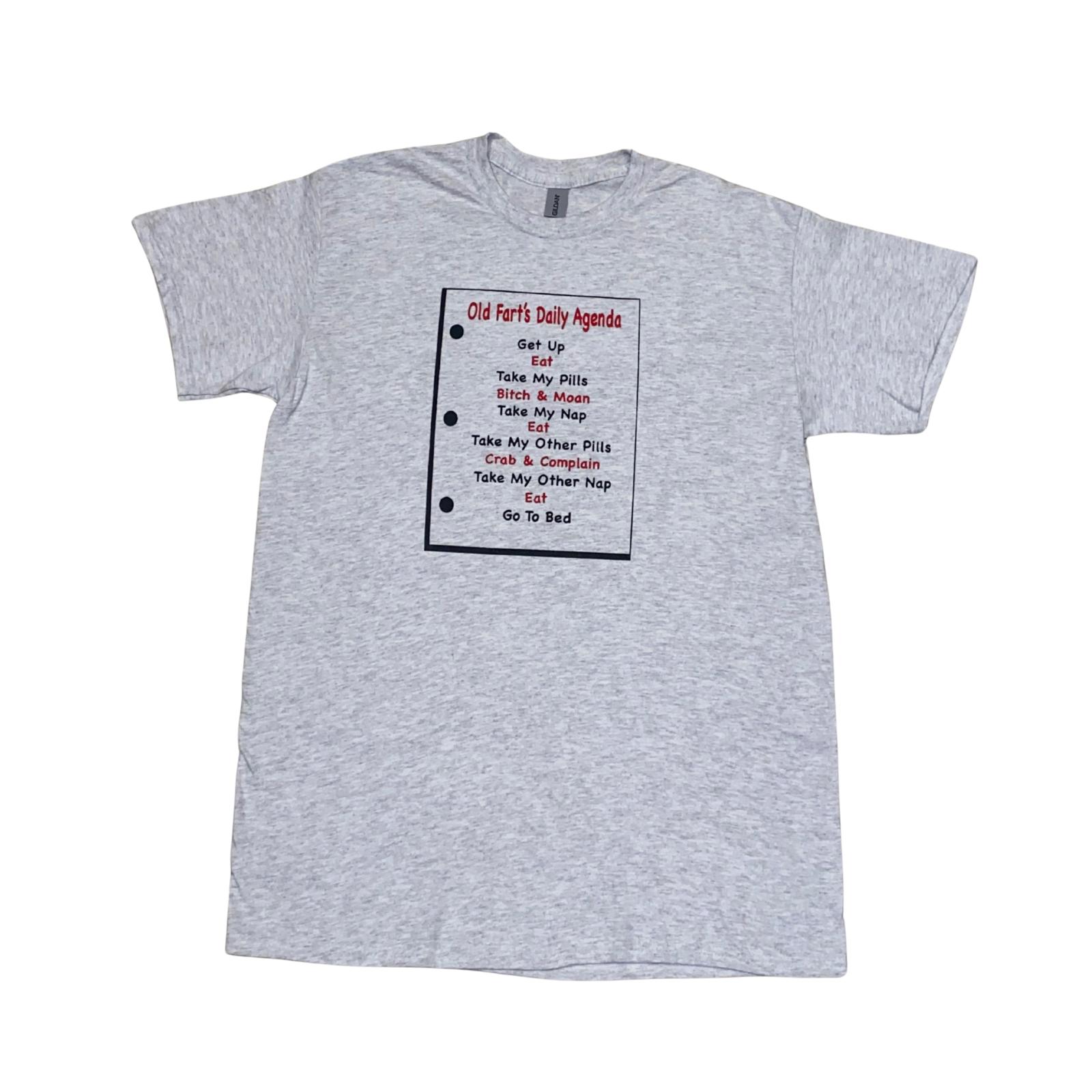 Gray t-shirt with a printed design, round neck t-shirt, funny design shirt, front view
