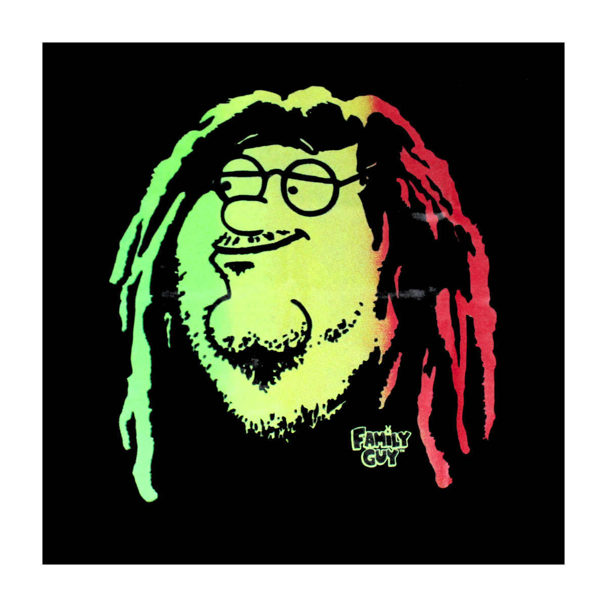 Character with colorful dreadlocks and 'Family Guy' logo on a black background