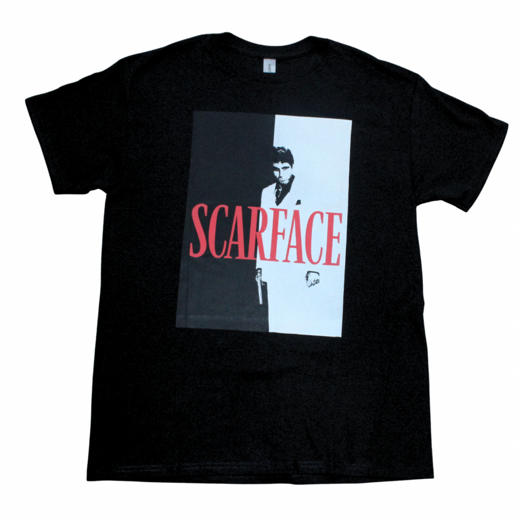 Scarface classic movie graphic t-shirt on black tee, front view, round neck