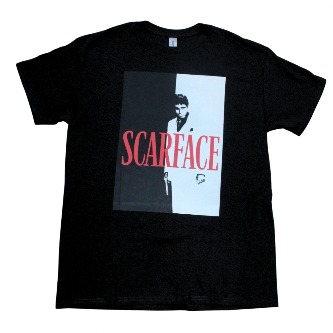 Scarface classic movie graphic t-shirt on black tee, front view, round neck