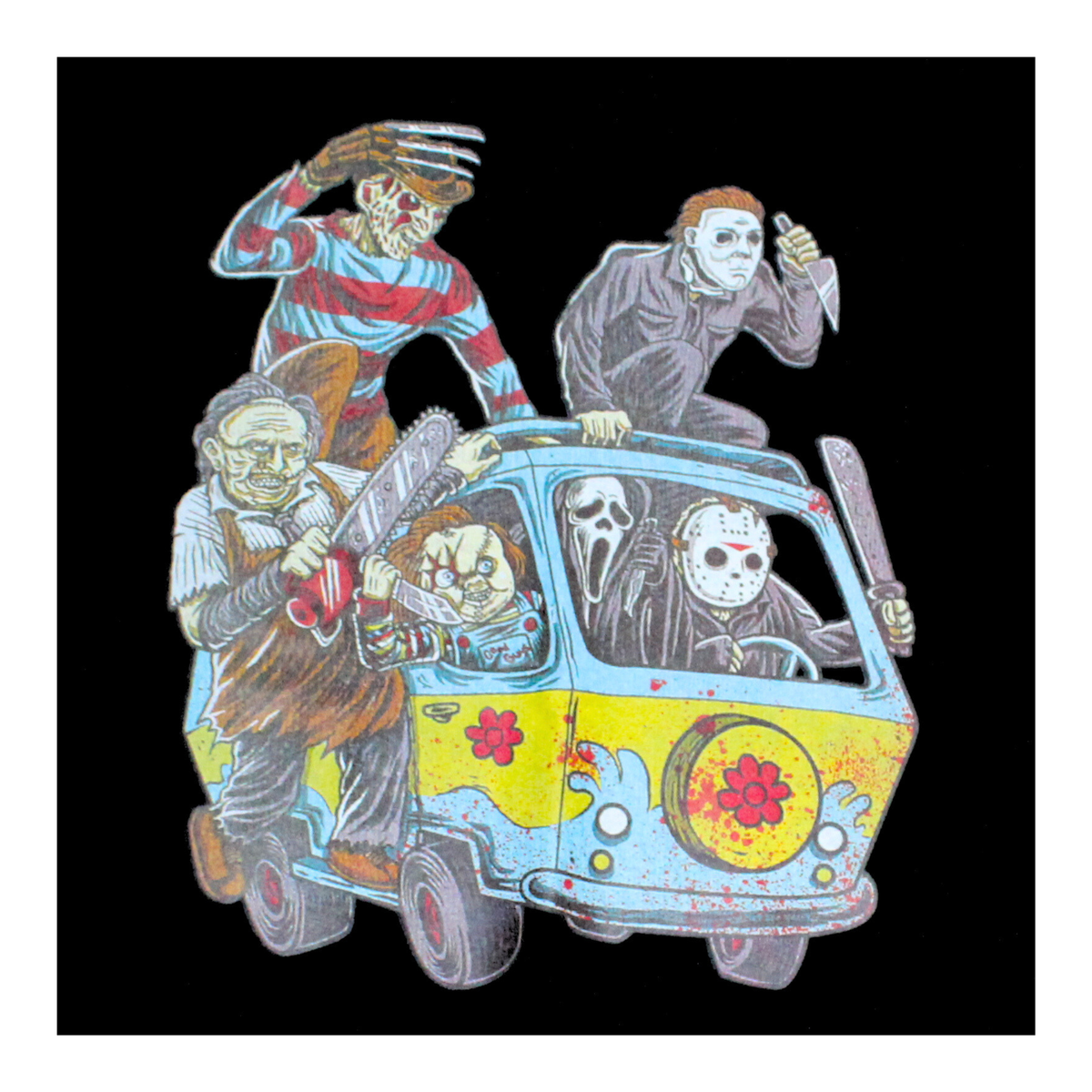 Cartoon-style illustration of a van with horror movie characters on a black background