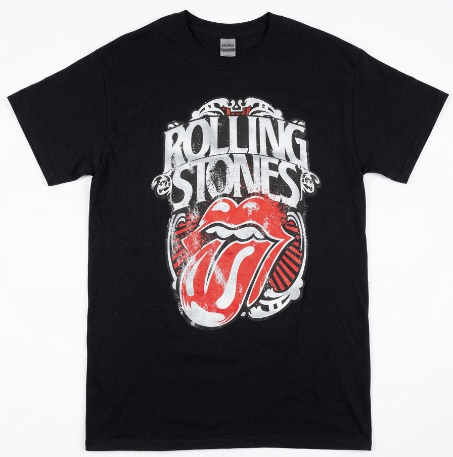 A black short-sleeve t-shirt featuring the classic Rolling Stones graphic on the front, including the band's name in distressed white lettering and the red and white tongue-and-lips logo, front view.