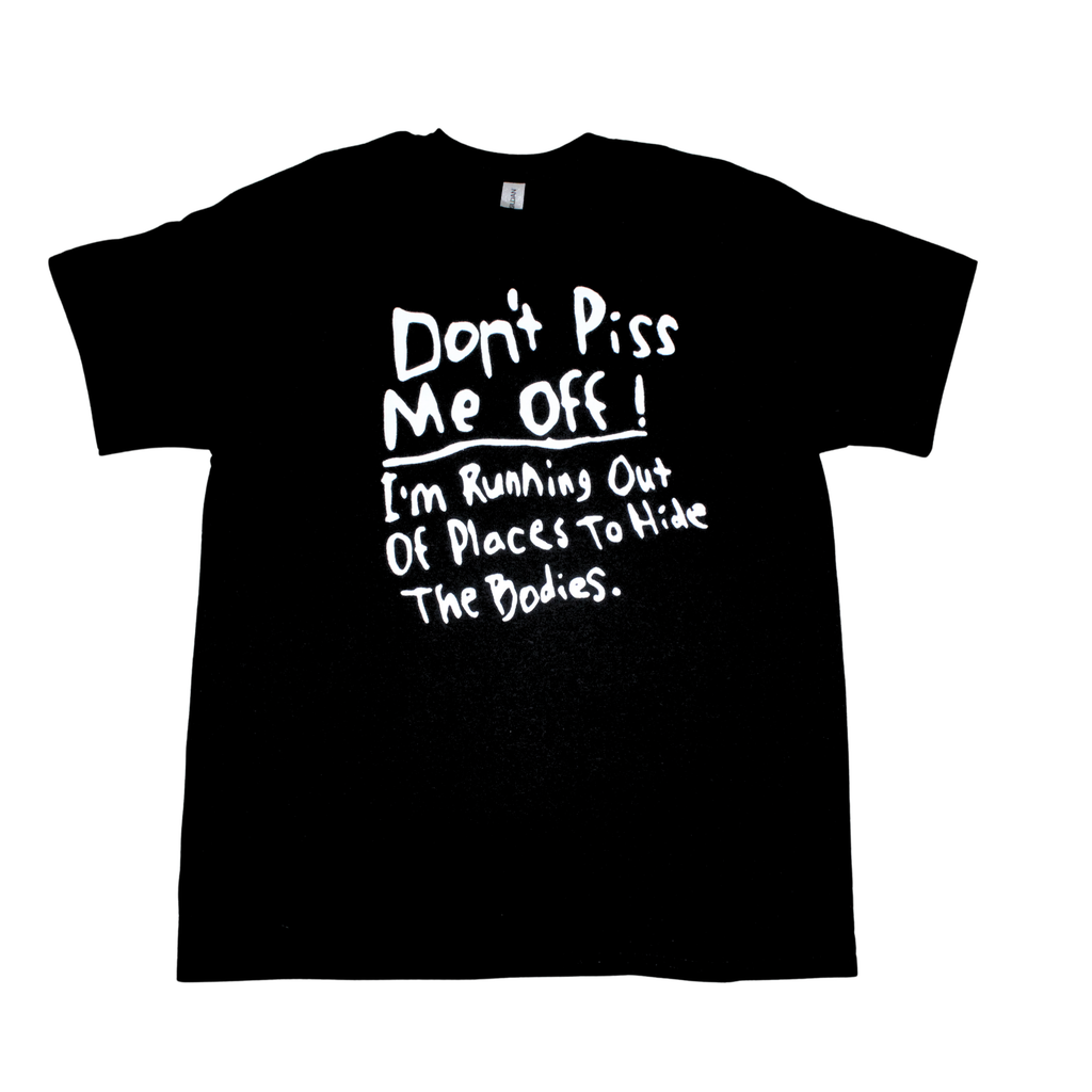 funny black t-shirt with white text on a white background, round neck tee, front view