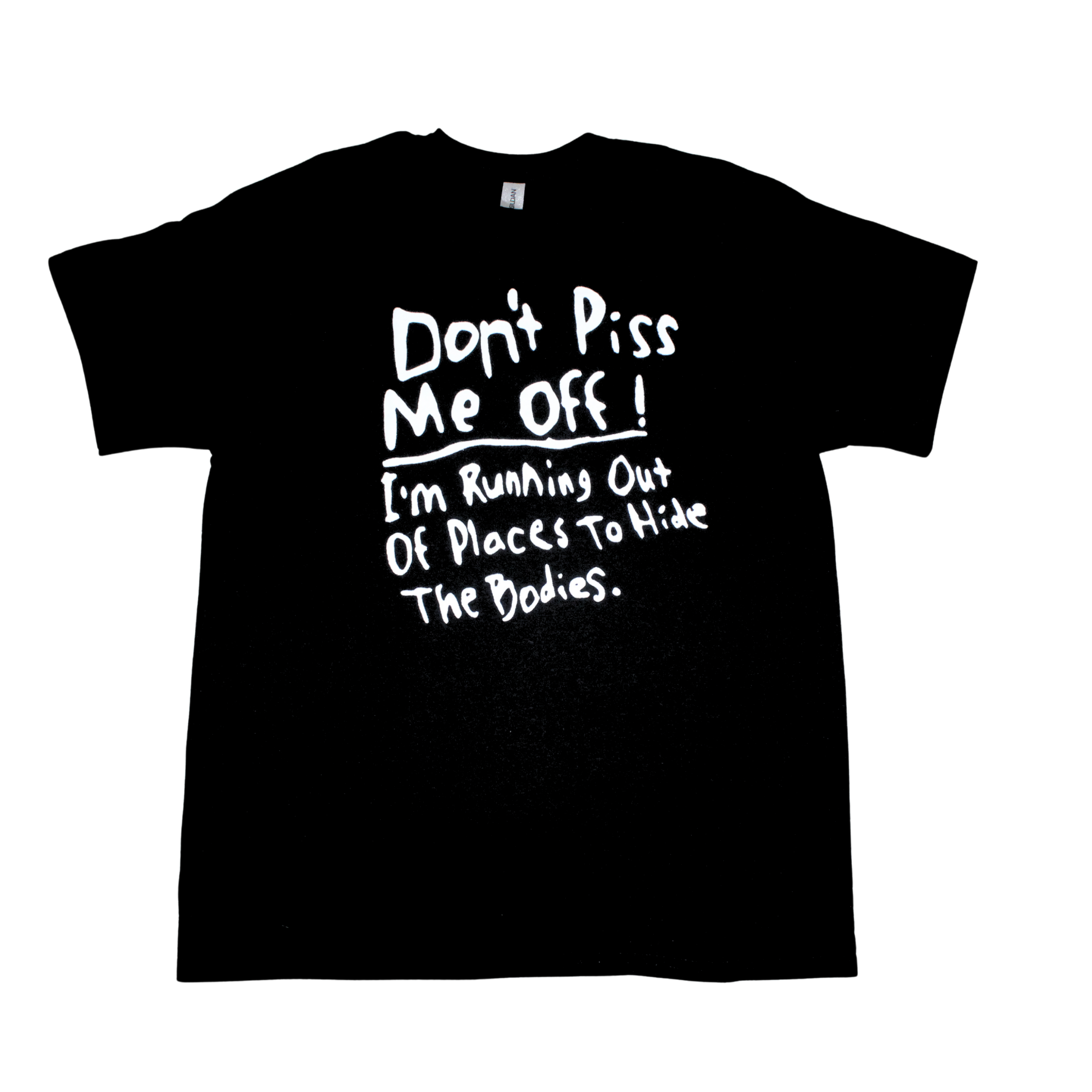 funny black t-shirt with white text on a white background, round neck tee, front view