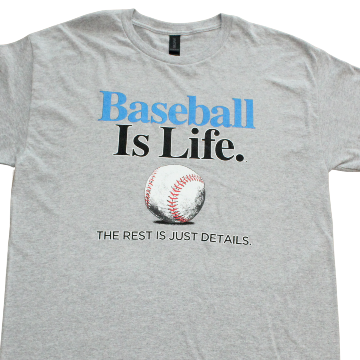 Baseball Is Life sports graphic t-shirt on black tee, front view