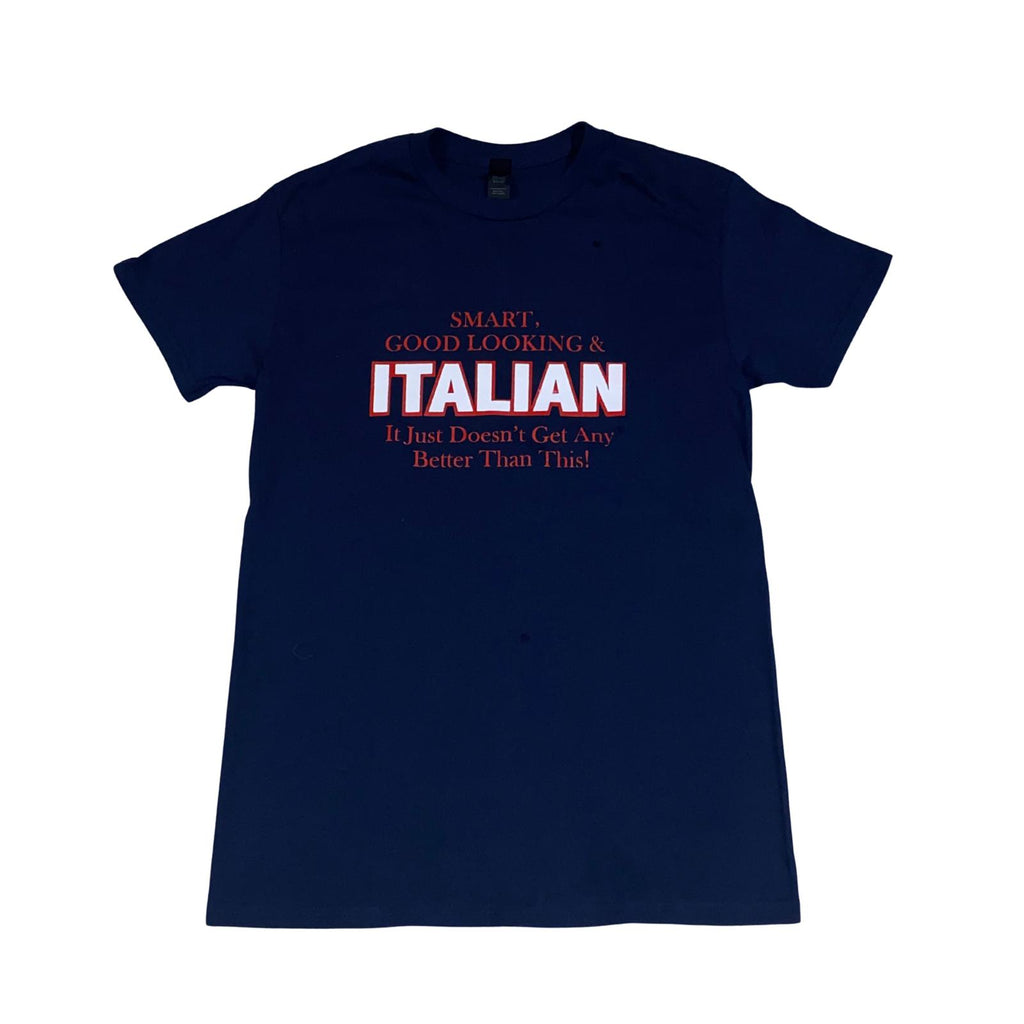 Navy blue t-shirt with red and white text on a white background, round neck shirt, front view