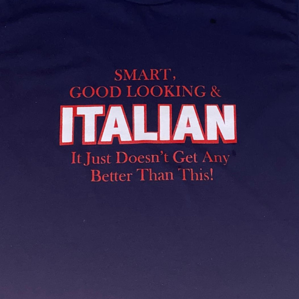Navy blue t-shirt with red and white funny text on a white background
