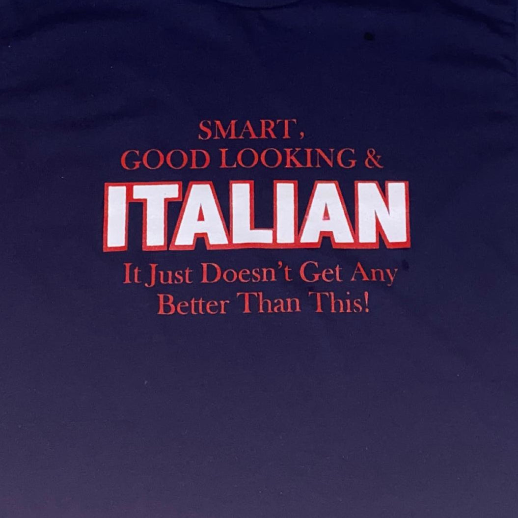 Navy blue t-shirt with red and white funny text on a white background