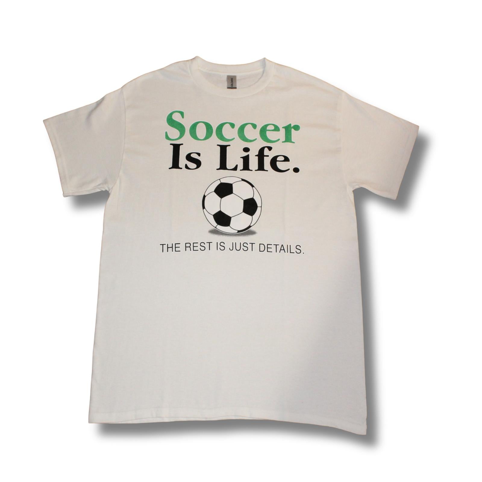 Beige t-shirt with 'Soccer Is Life' text and soccer ball graphic on a white background, round neck t-shirt, front view