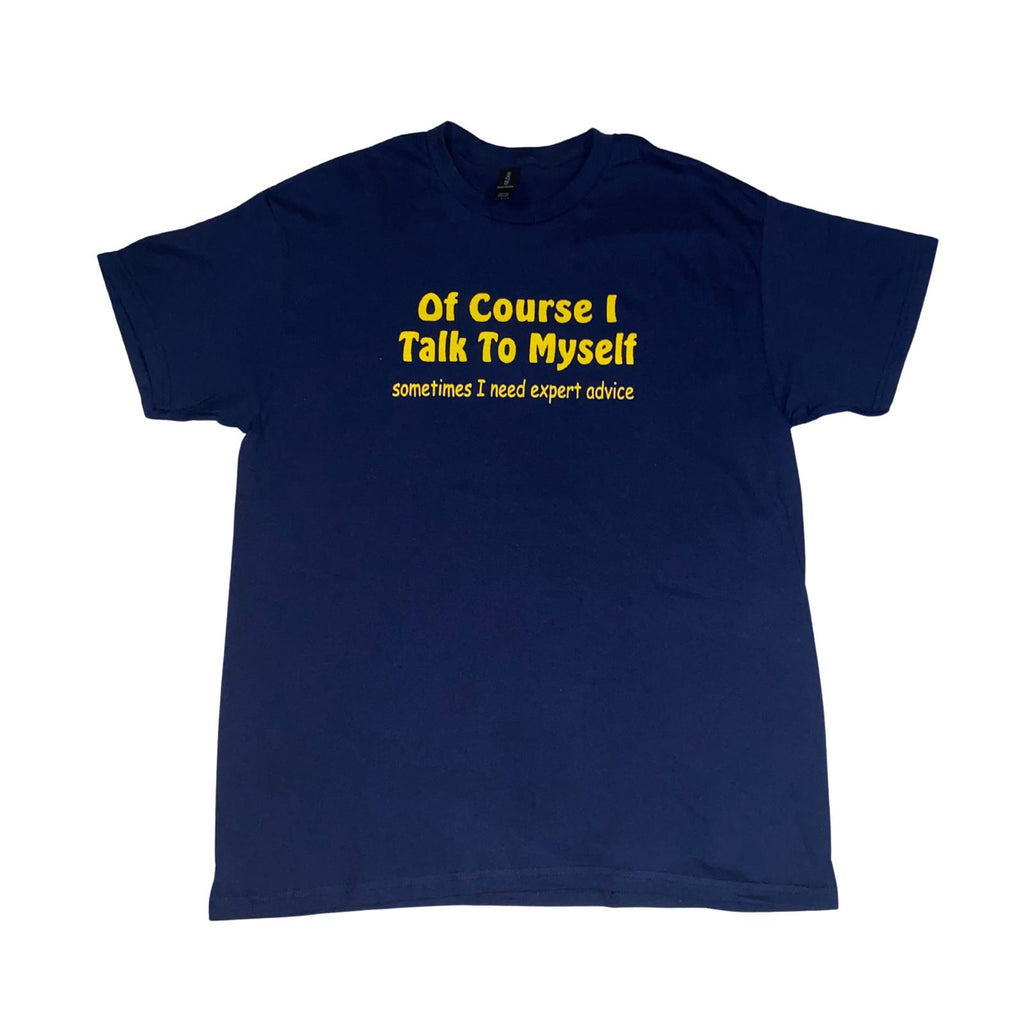 Navy blue t-shirt with bold message on yellow text, round neck tee, front view