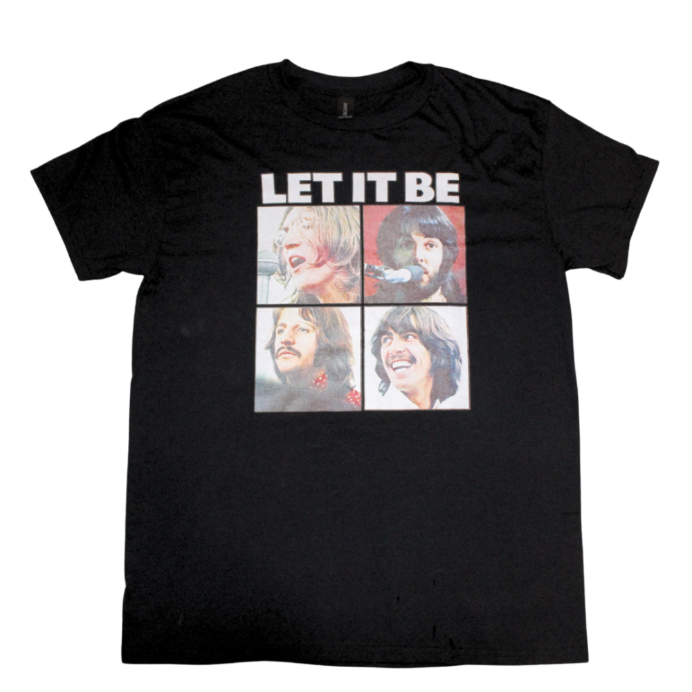 The Beatles Let It Be graphic t-shirt on black tee, front view, crew neck tee